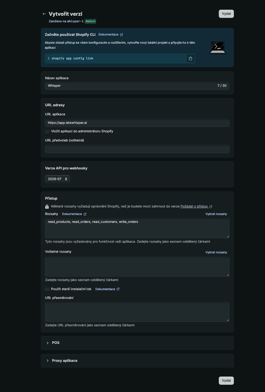 Vytvoření vlastní aplikace Shopify s potřebnými oprávněními