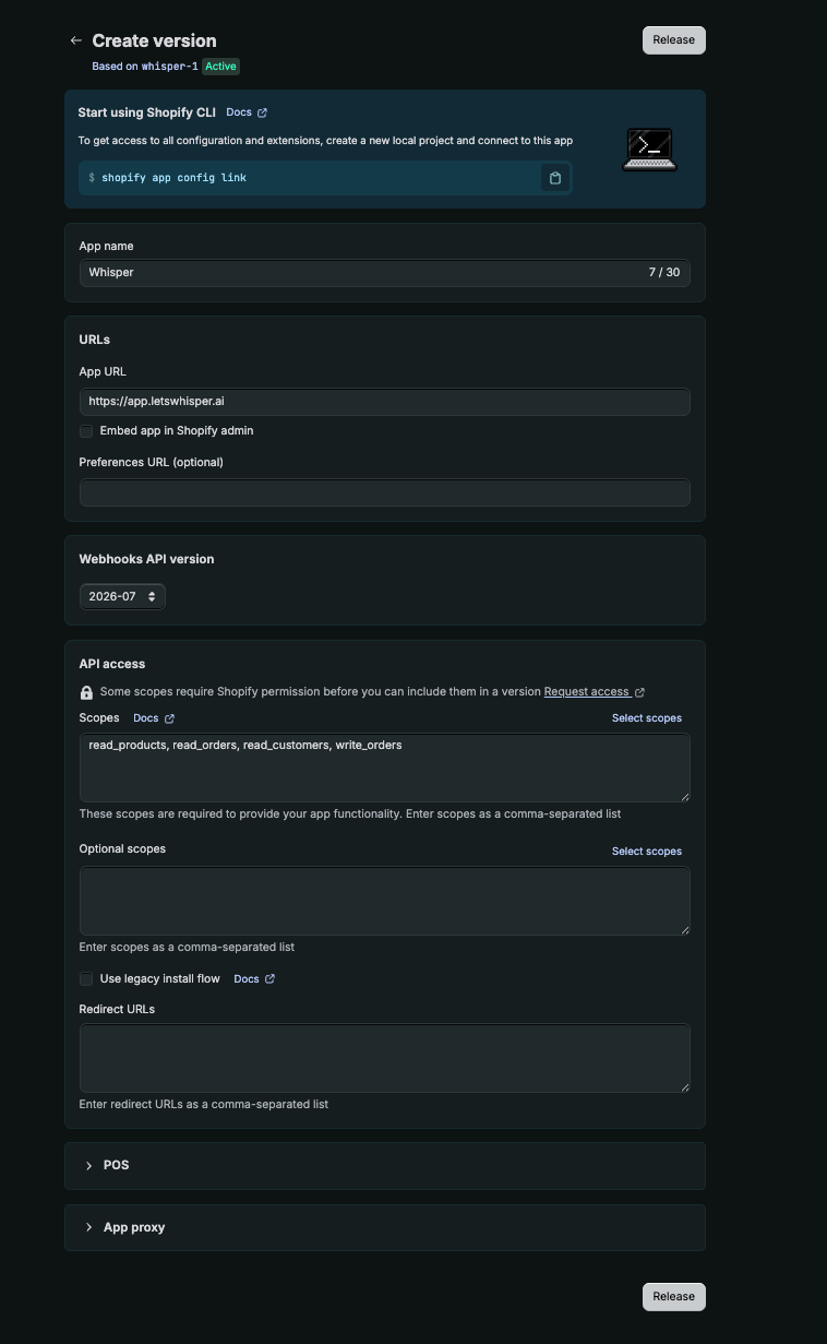 Creating the Shopify custom app with the required scopes