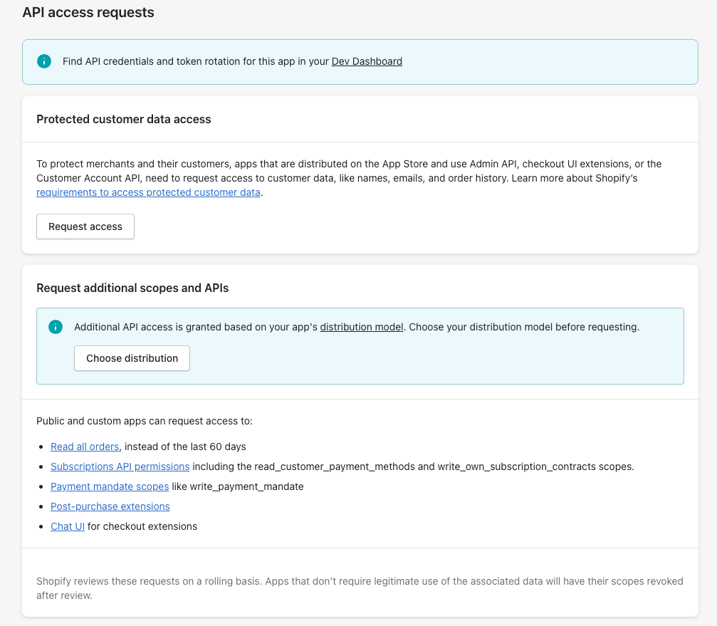 Shopify API access requests page