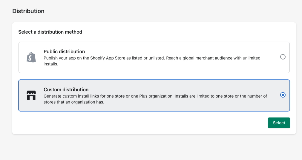 Selecting Custom distribution in Shopify
