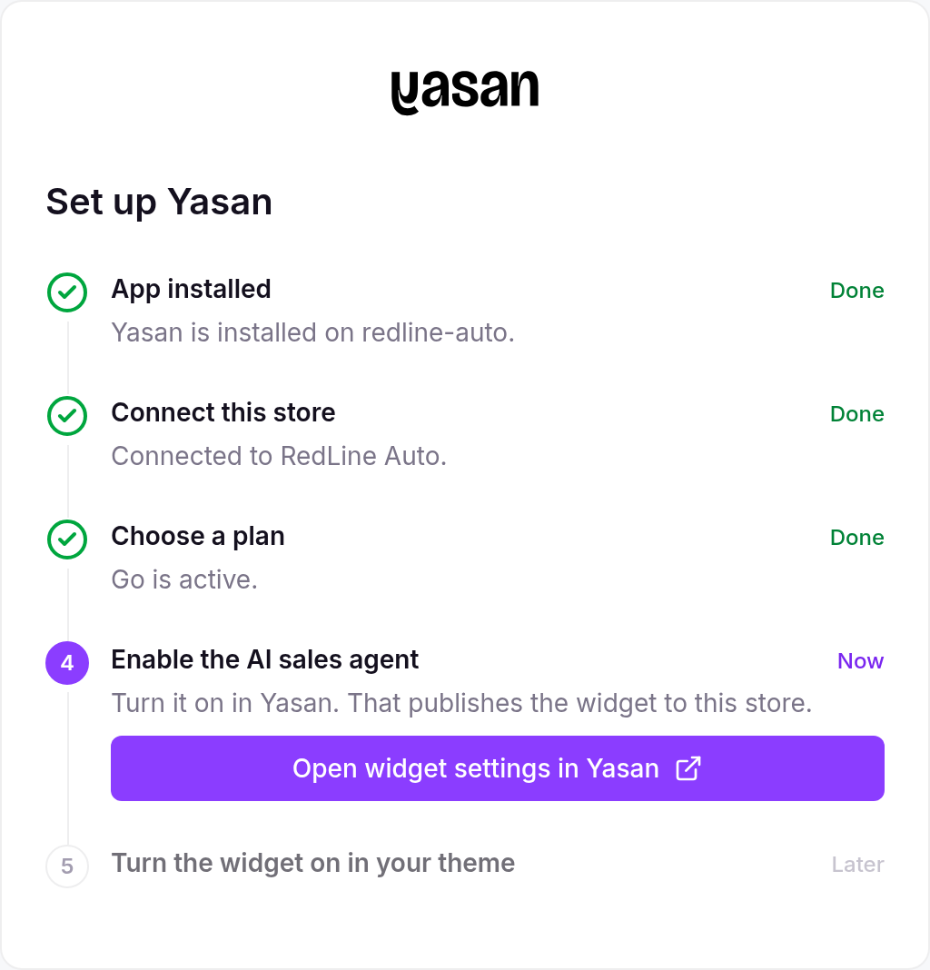 Open widget settings in Yasan as the current setup step