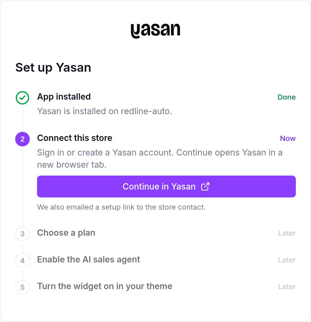 Set up Yasan, with Continue in Yasan as the current step