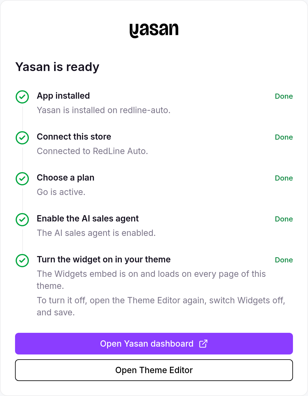 Yasan is ready in Shopify App Home