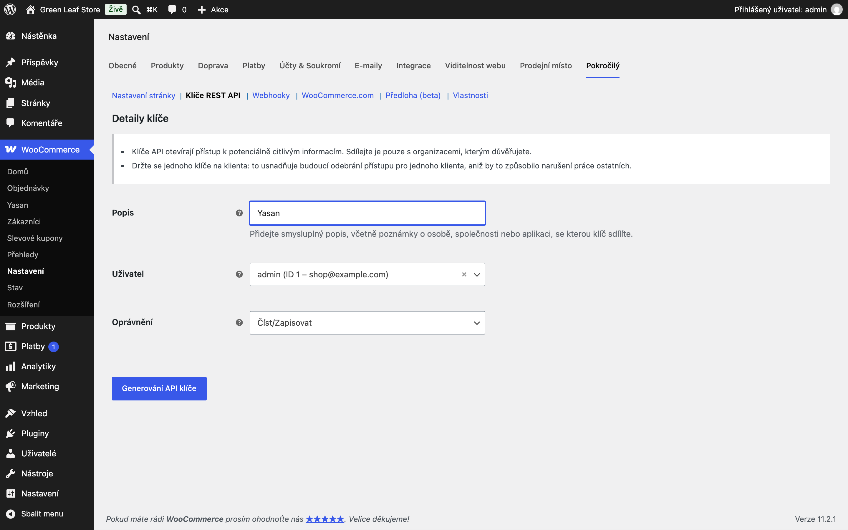 Vytvoření REST API klíče ve WooCommerce