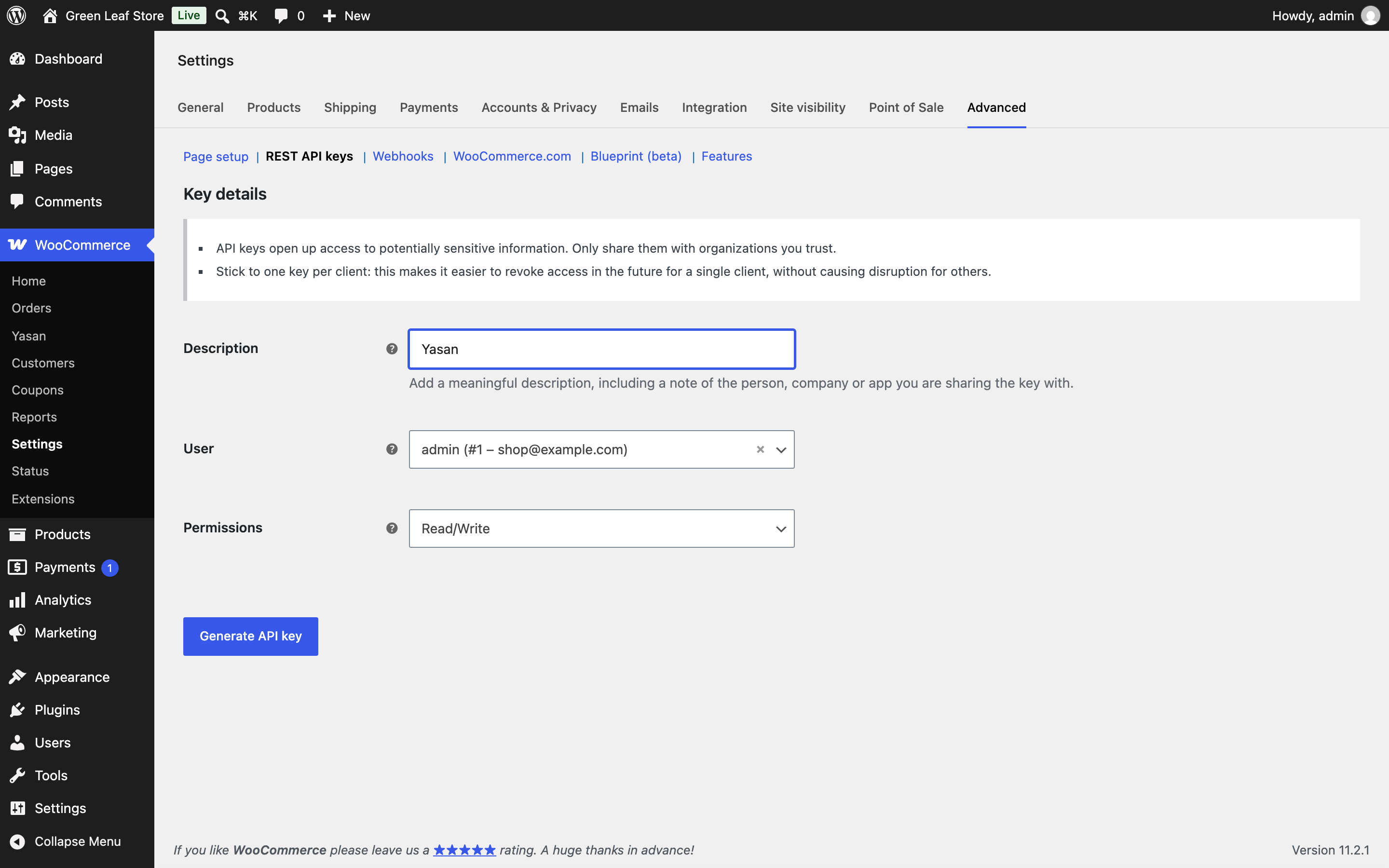 Creating a WooCommerce REST API key