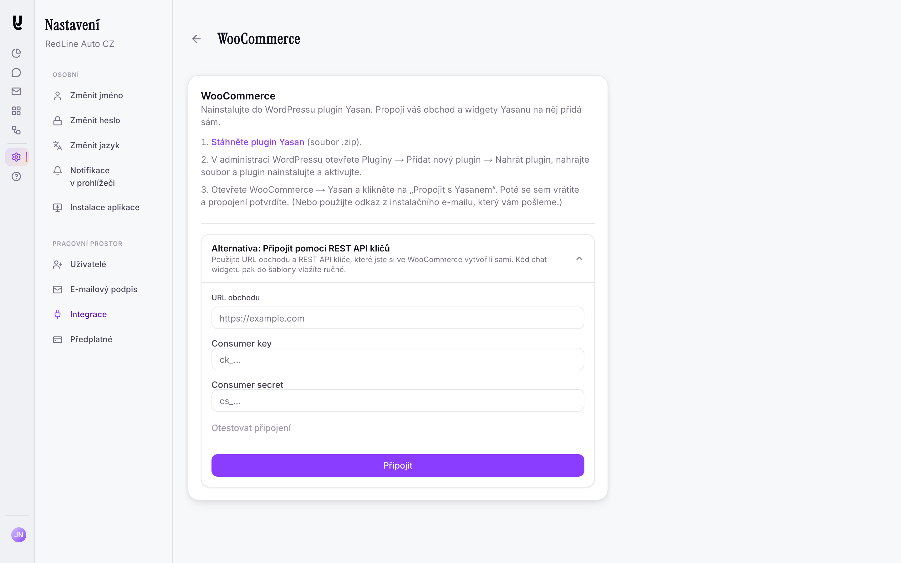 Formulář pro REST API klíče WooCommerce v Yasanu