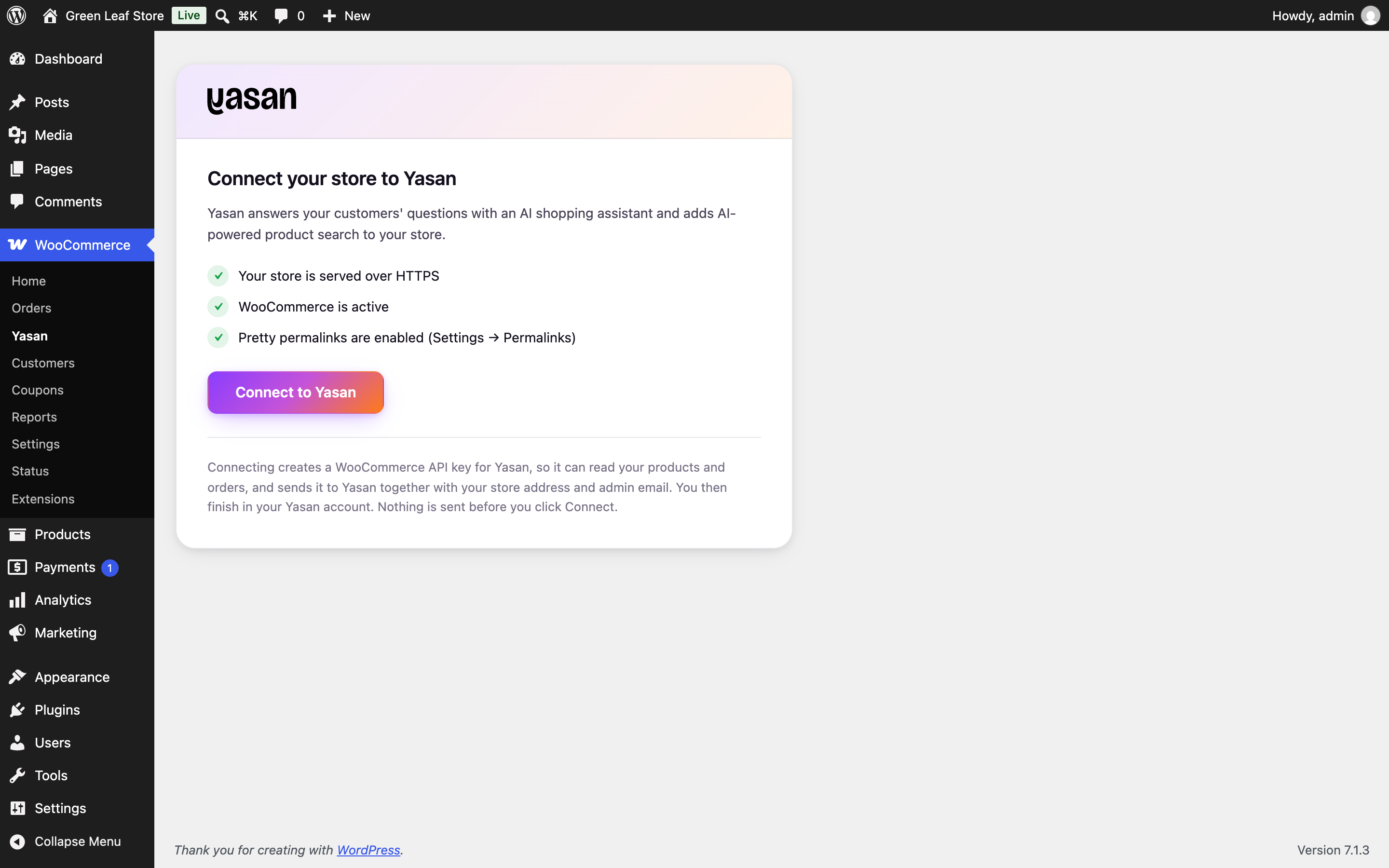 The Yasan screen in WordPress with three met requirements and the Connect to Yasan button