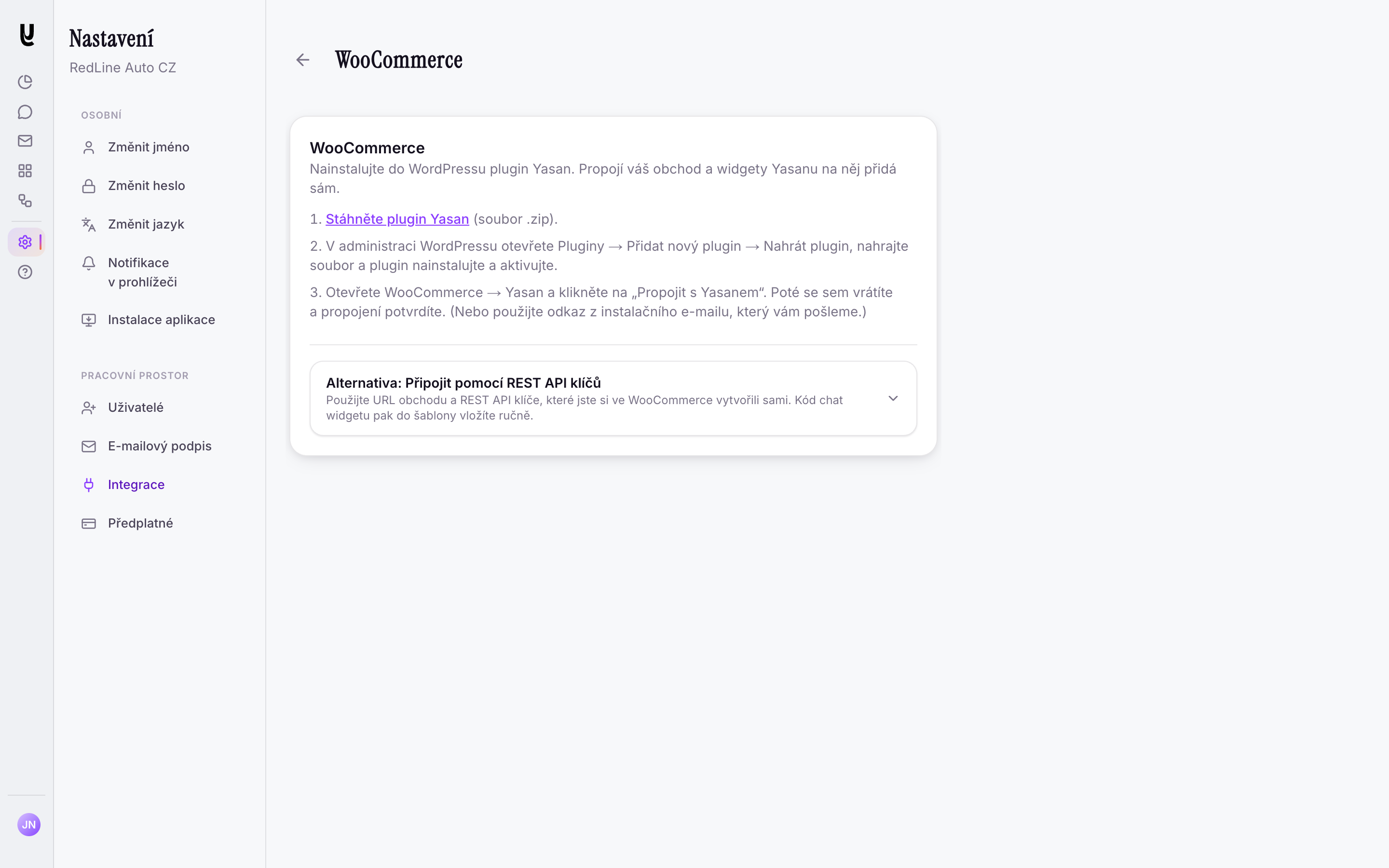 Nastavení WooCommerce v Yasanu s odkazem Stáhněte plugin Yasan