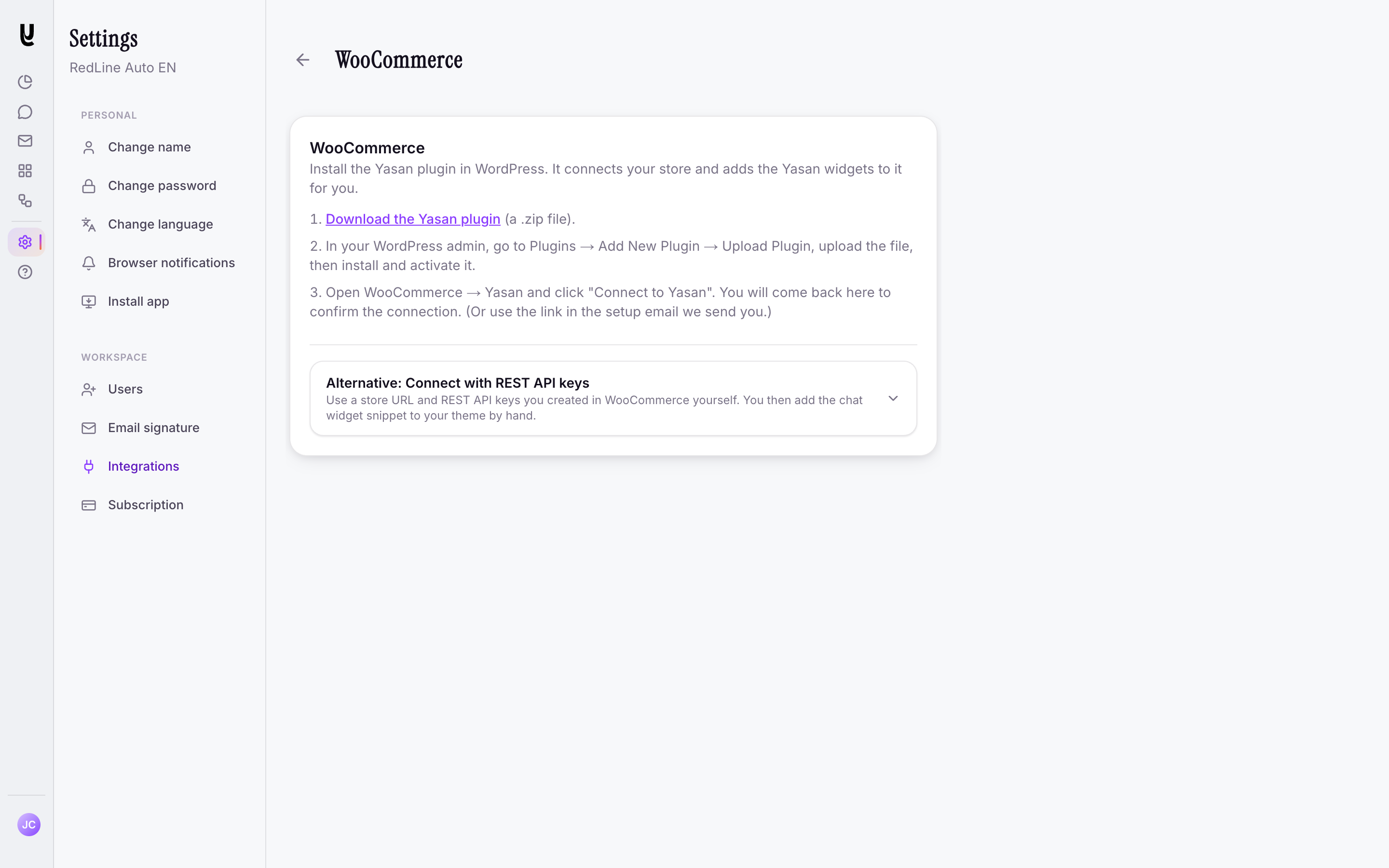 The WooCommerce dialog in Yasan with the Download the Yasan plugin link