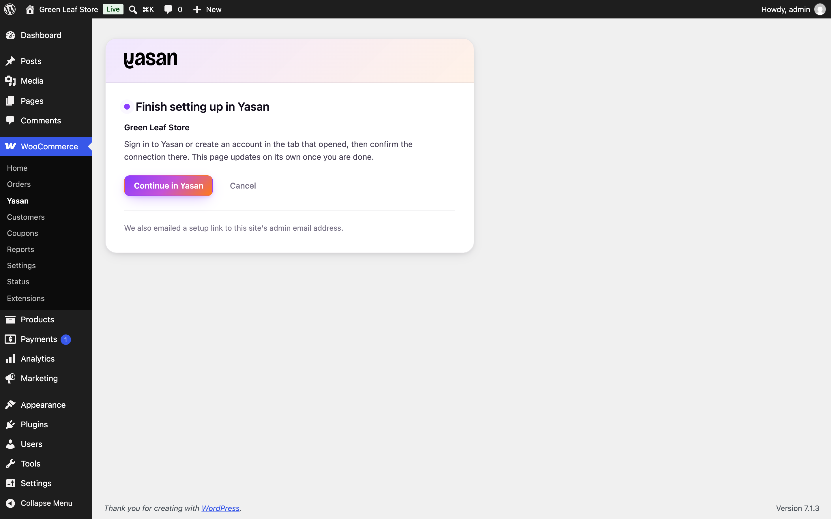 Finish setting up in Yasan, with Continue in Yasan and Cancel buttons
