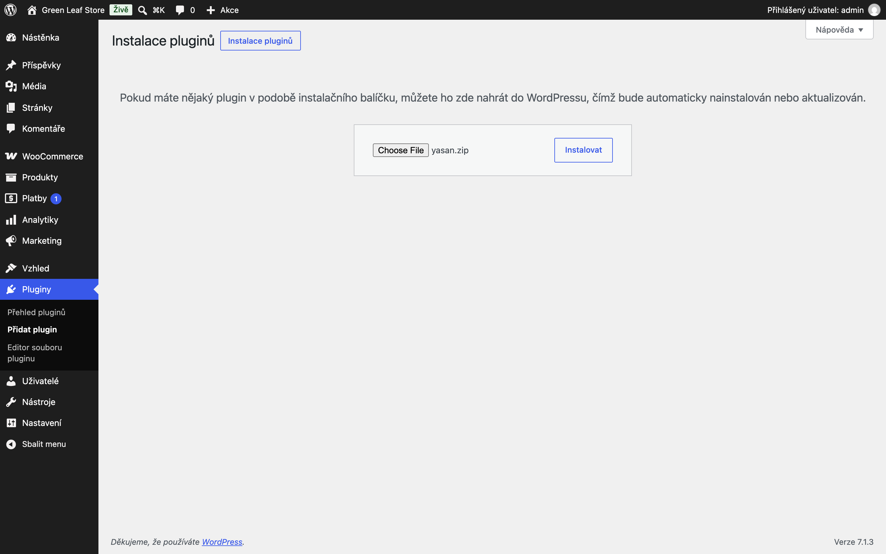 Formulář pro nahrání pluginu ve WordPressu s vybraným souborem yasan.zip
