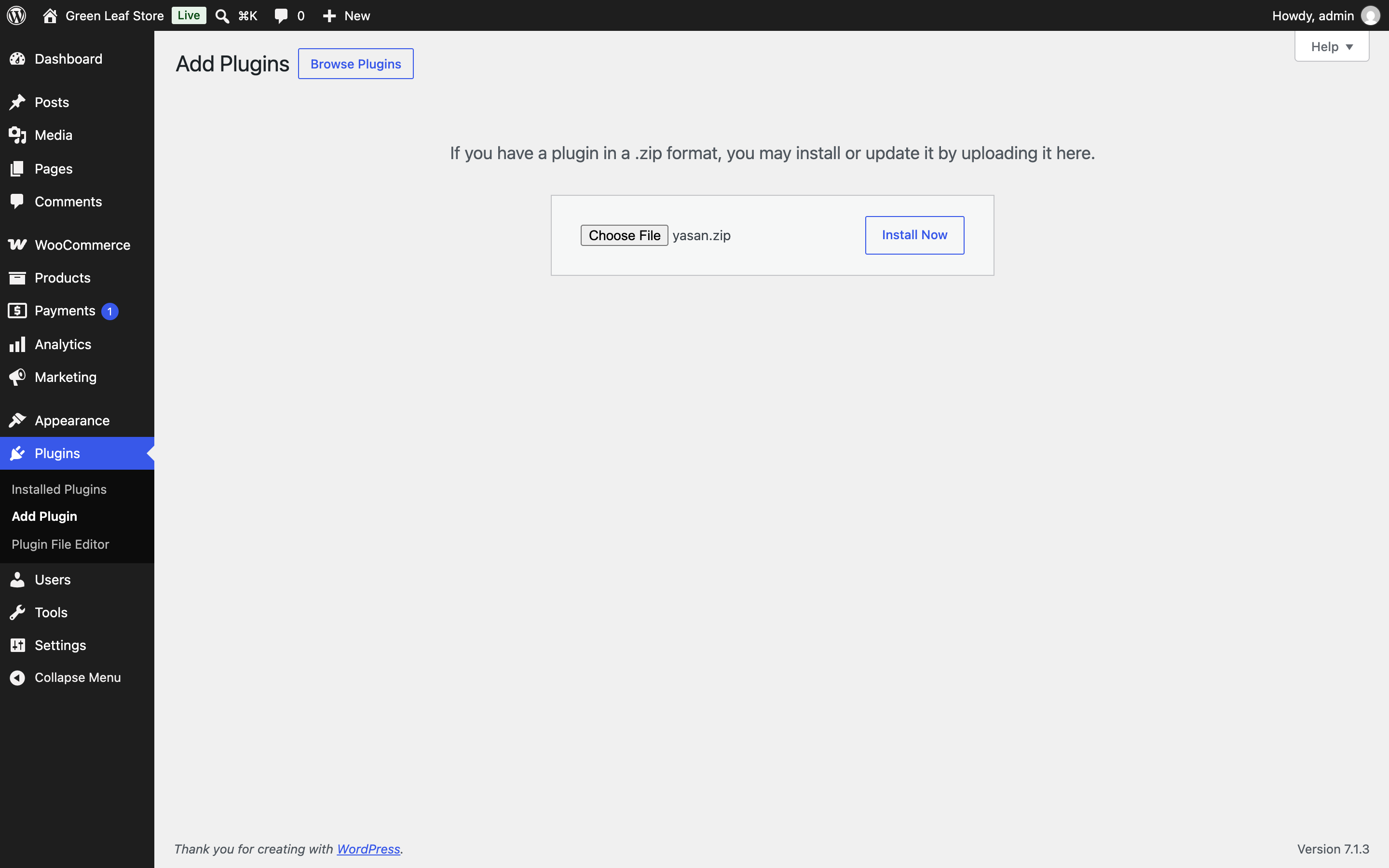 The Upload Plugin form in WordPress with the Yasan zip file chosen