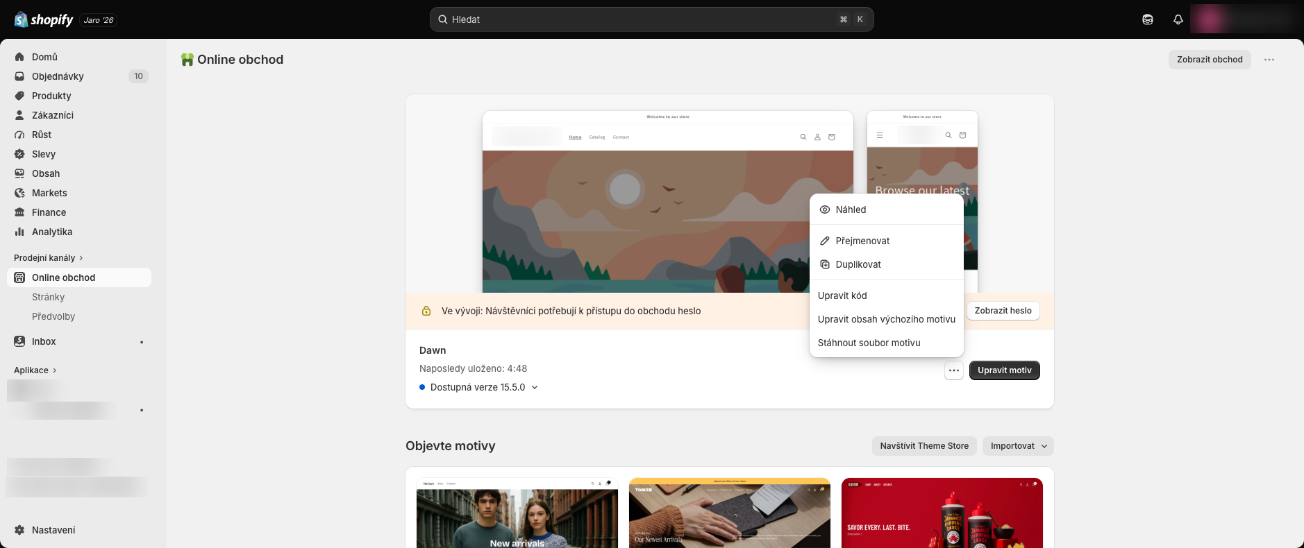 Otevření Upravit kód v motivech Shopify