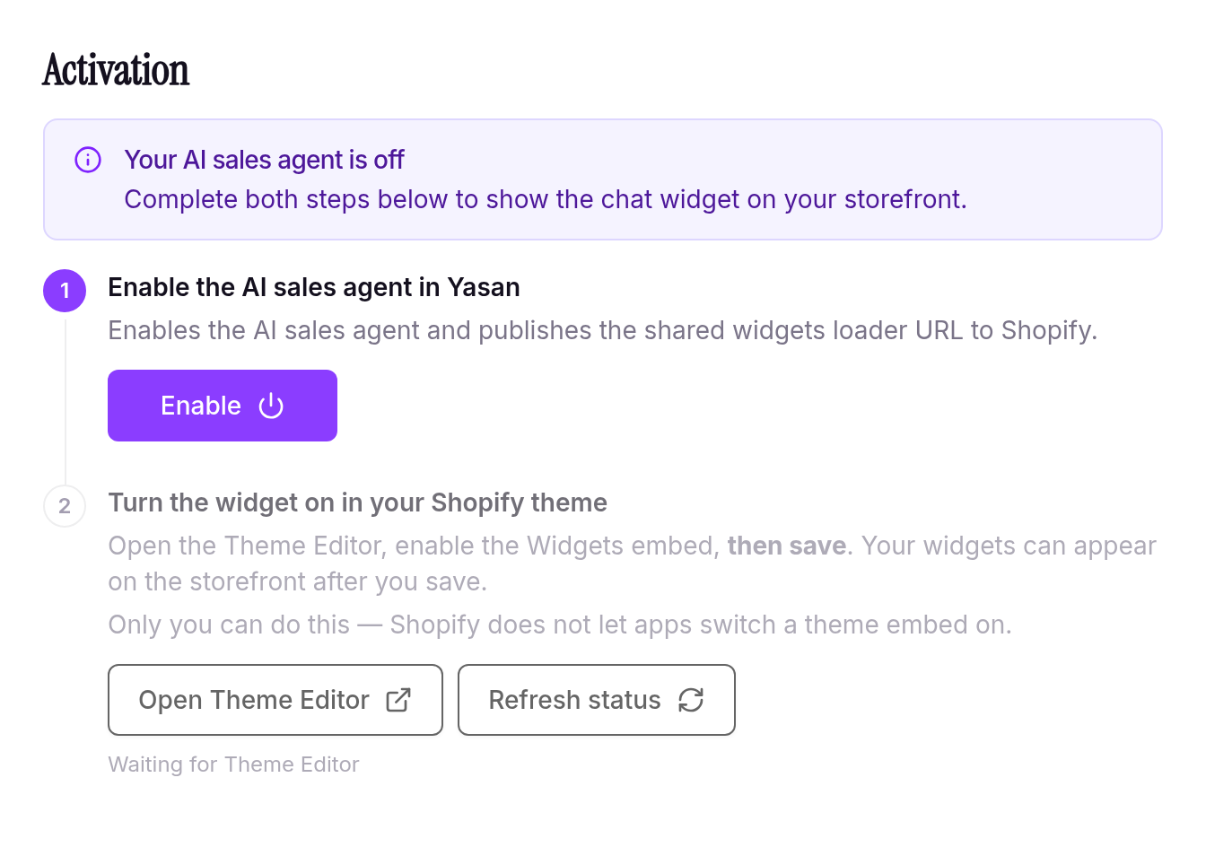 Both Shopify activation steps still to do