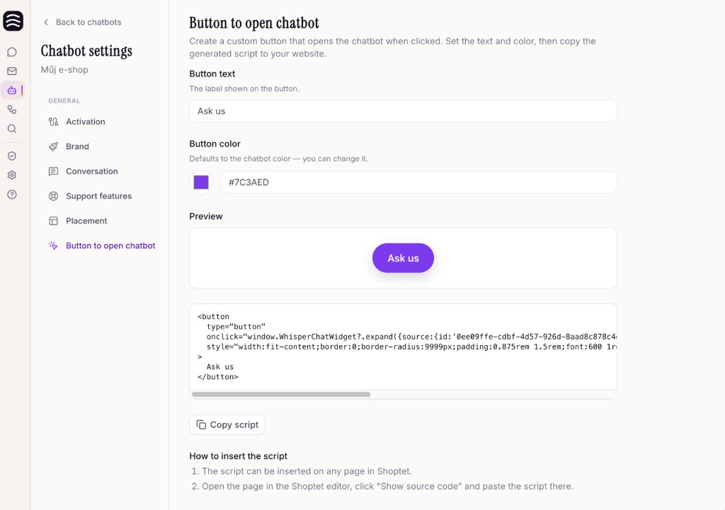 Button to open chatbot settings