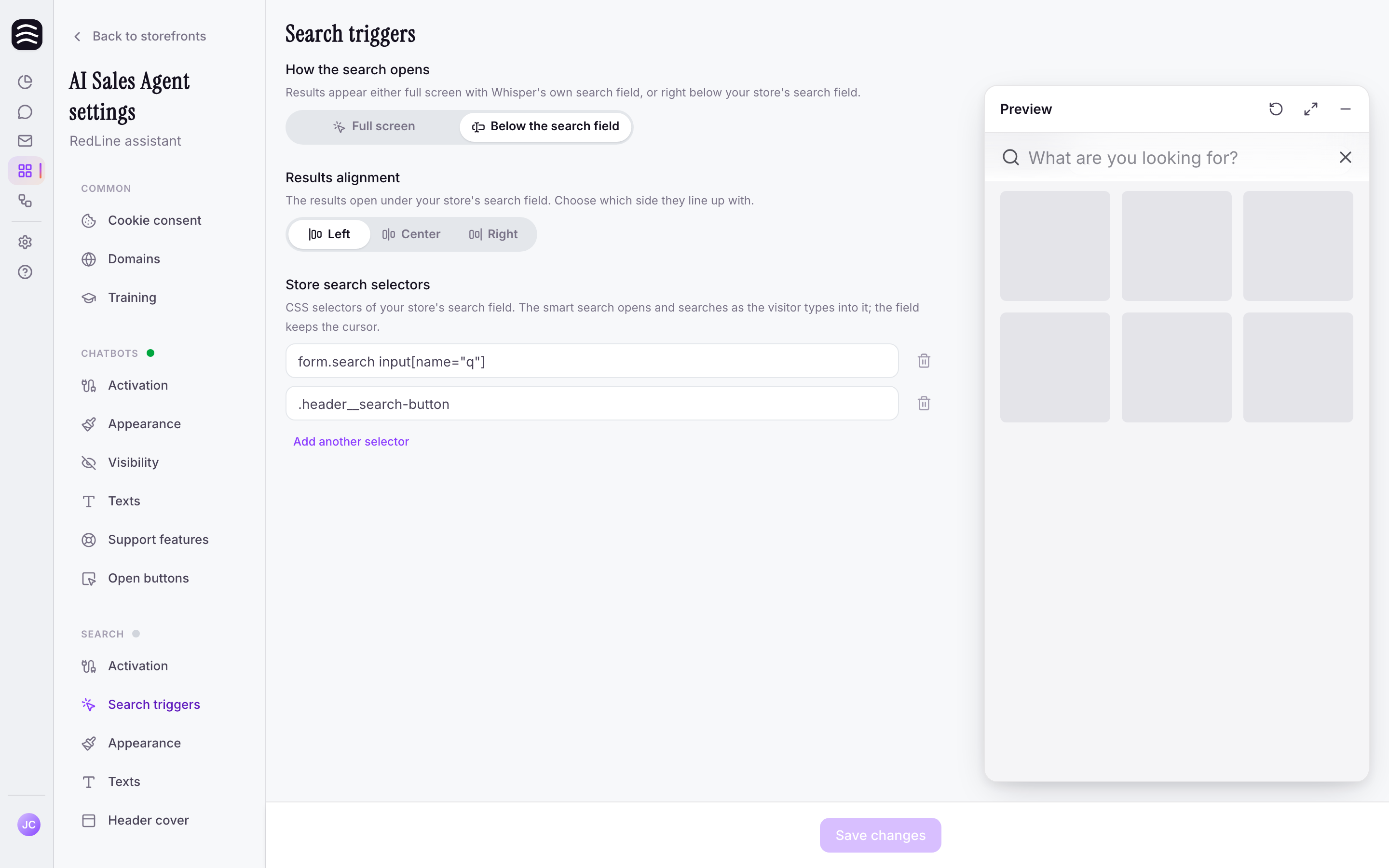 The Search triggers page