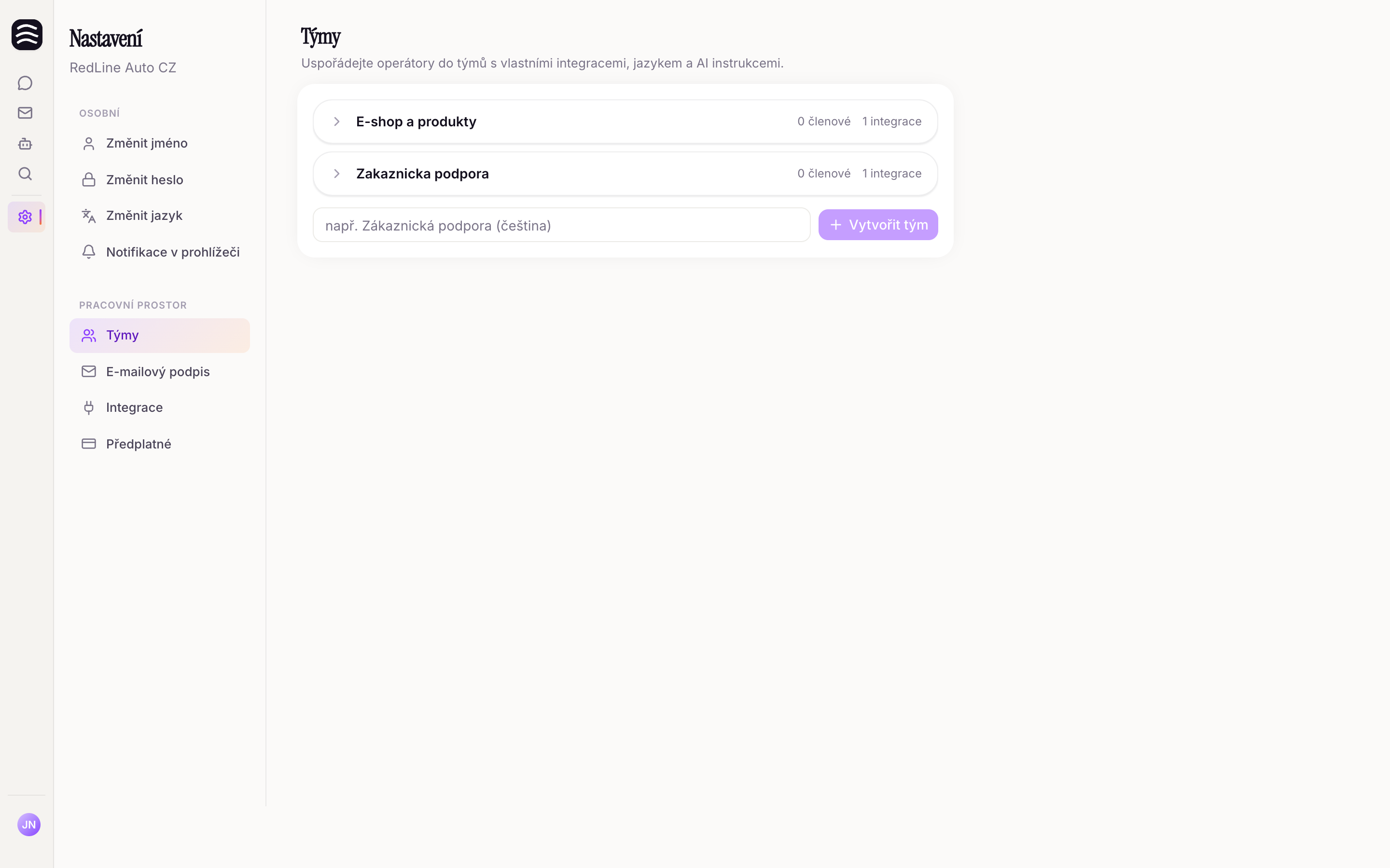 Sekce Týmy v nastavení