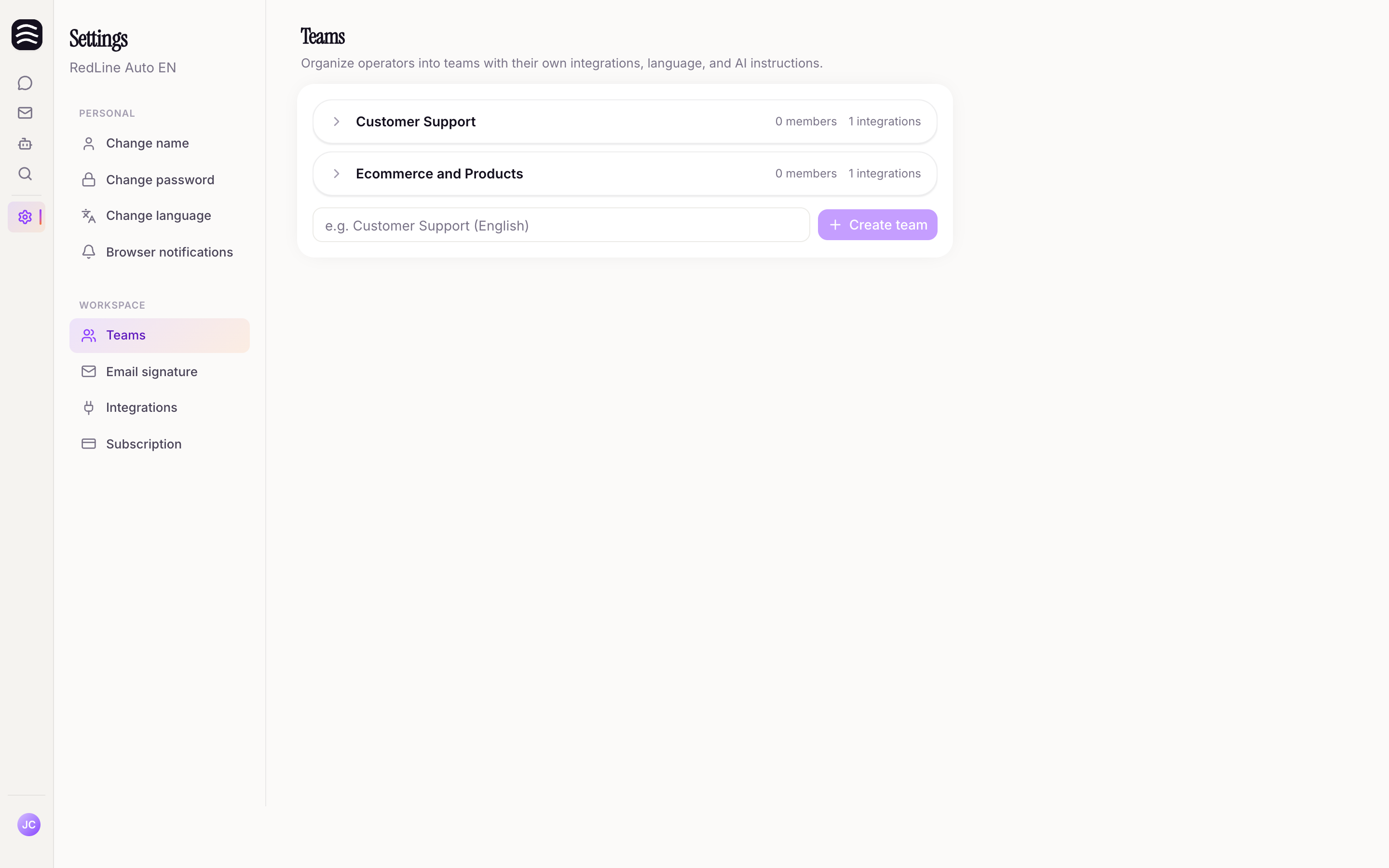 Teams section in settings