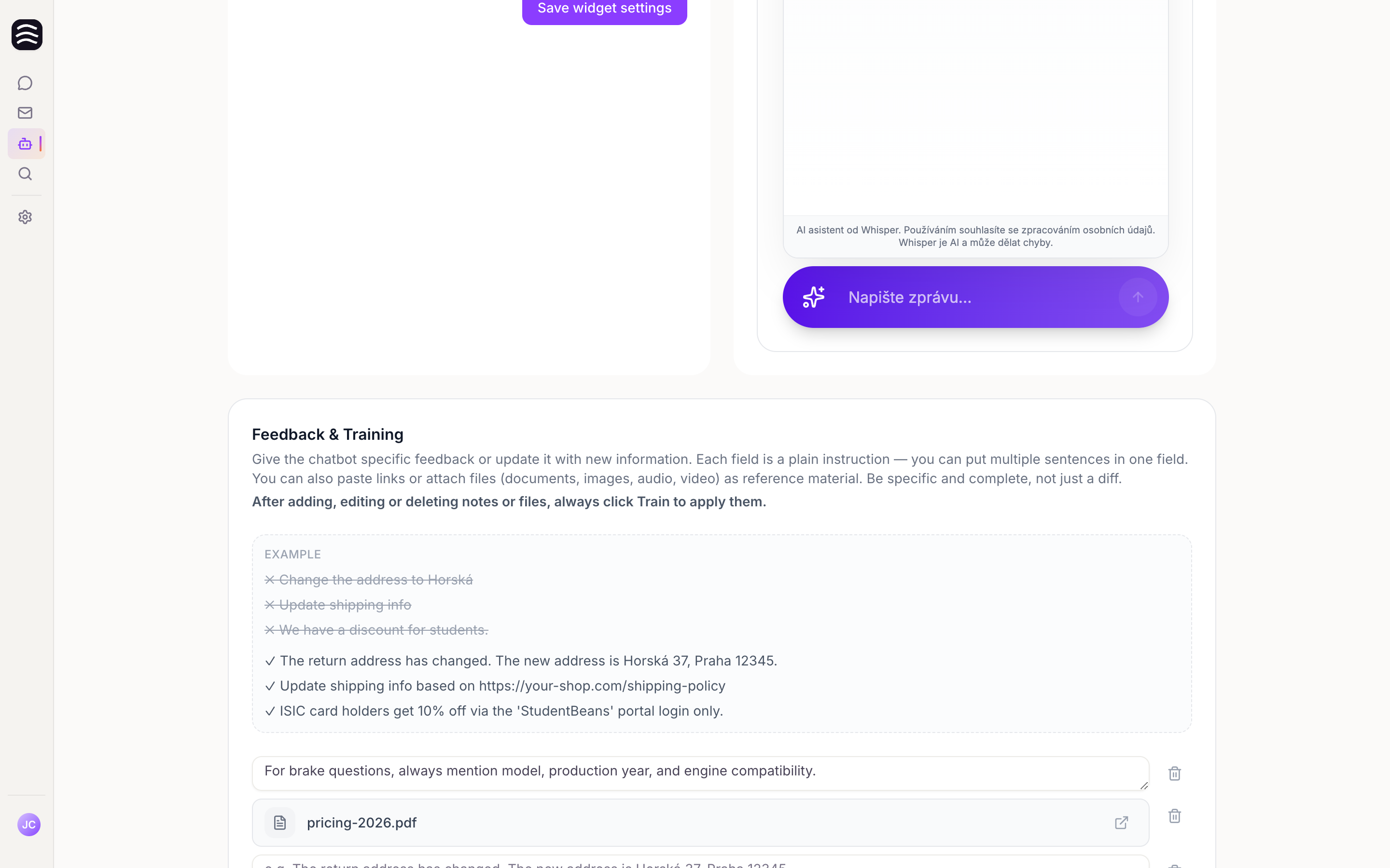 Feedback & Training section